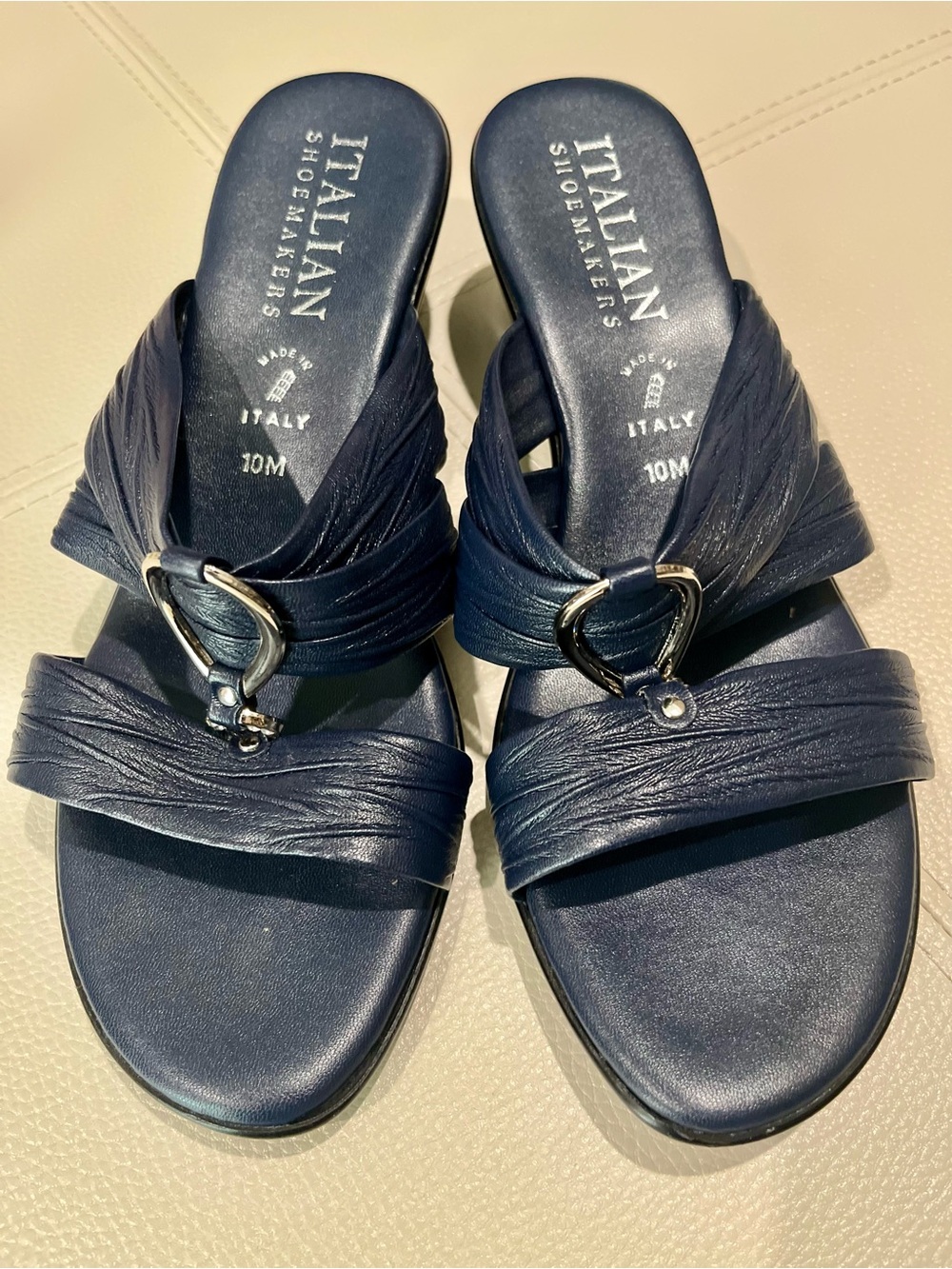 Italian Shoemakers Navy Leather Slide Mules with Silver Ring Accent